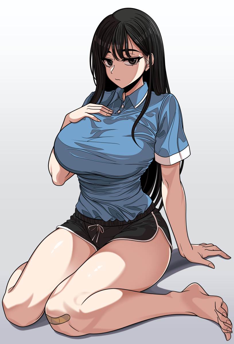 1girl, bandaid, bandaid_on_knee, bandaid_on_leg, barefoot, beautiful_gunbari, black_eyes, black_shorts