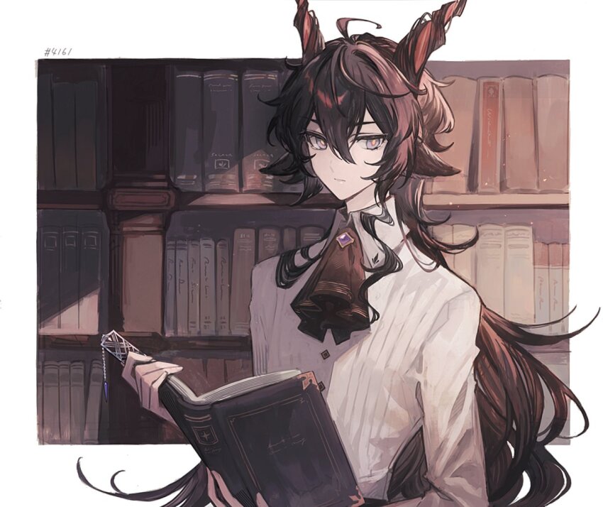 1boy, ahoge, arknights, ascot, black_ascot, black_hair, book, bookshelf