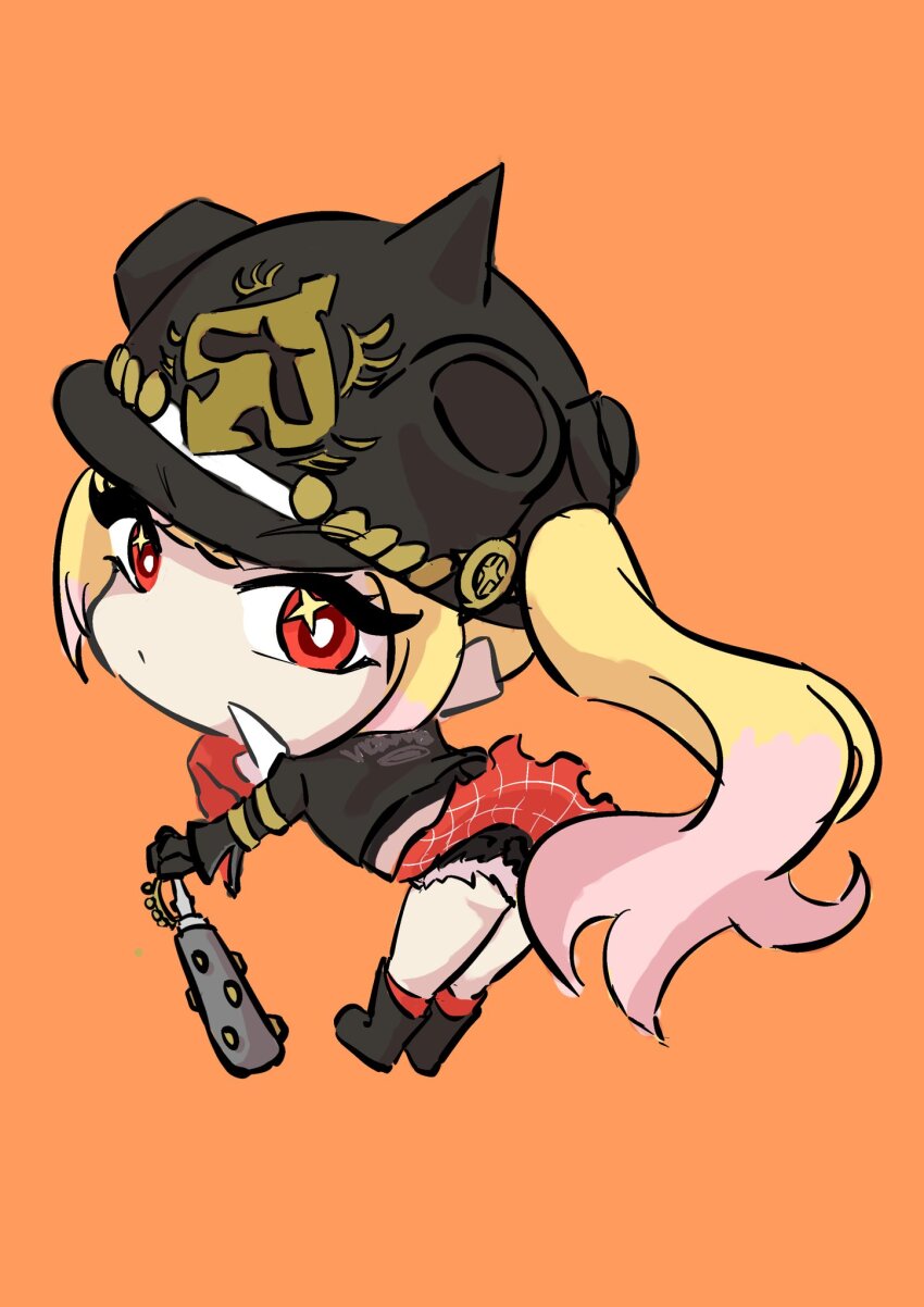 1girl, black_gloves, black_hat, black_jacket, black_shorts, blonde_hair, brand_name_imitation, brass_knuckles, chibi, closed_mouth, club, club_(weapon), combat_helmet, commentary, cropped_jacket, crossed_bangs, expressionless, full_body, gloves, hat, head_tilt, helmet, highres, holding, holding_weapon, jacket, kanabou, leaning_forward, long_hair, long_sleeves, looking_at_viewer, luciana_de_montefio, navel, orange_background, pickelhaube, piyo_g, red_eyes, shorts, side_ponytail, sitting, spiked_helmet, twintails, weapon, zenless_zone_zero