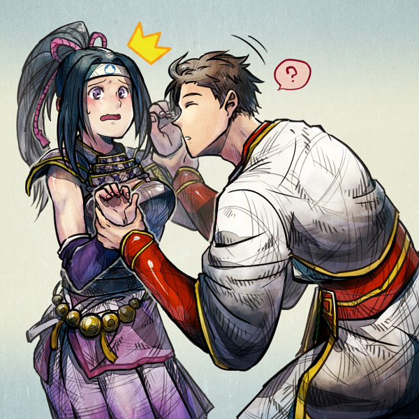 armor, black_hair, blush, brown_hair, closed_eyes, headband, holding_another's_wrist, husband_and_wife