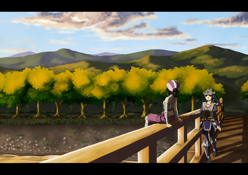 armor, black_hair, bridge, brown_hair, ina_(sengoku_musou), kunoichi_(sengoku_musou), midorijikano, ponytail