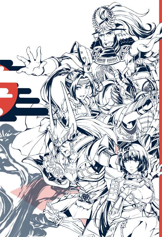 armor, black_hair, breasts, cape, cleavage, facial_hair, fake_horns, flower