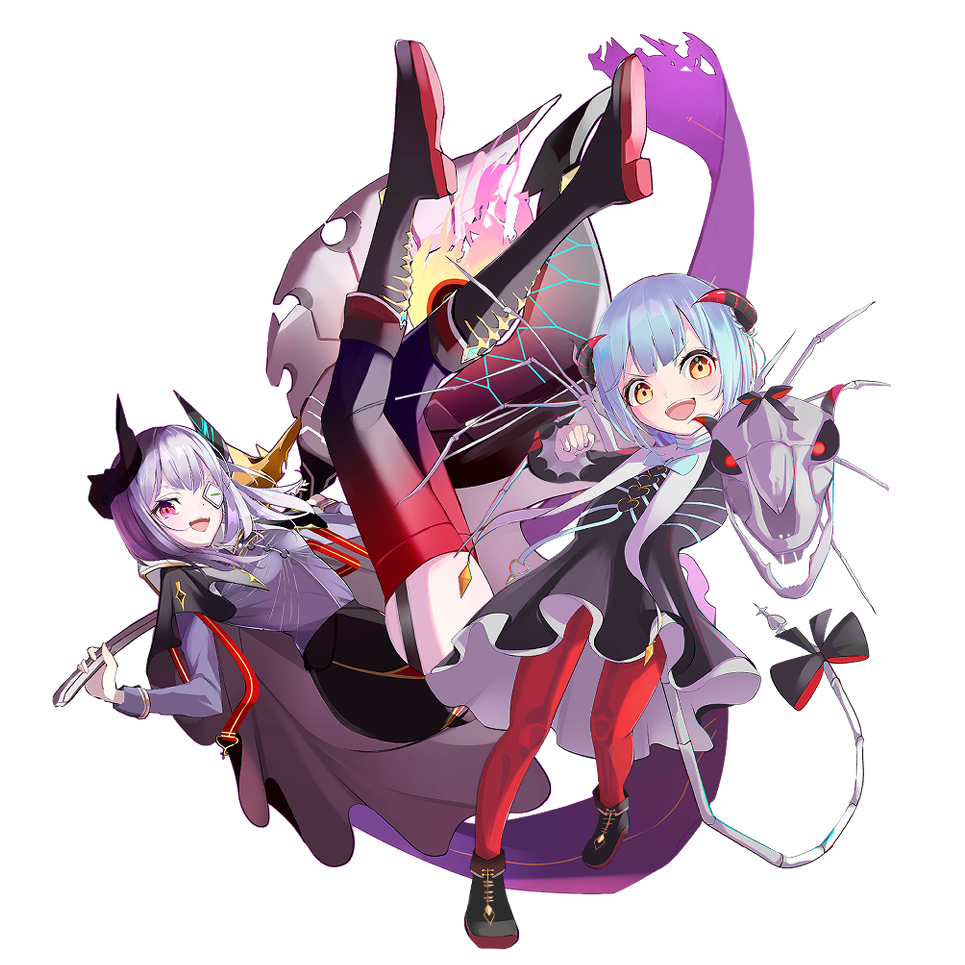 2girls, black_cape, bone, bungo_yayoi, bungo_yayoi_(march_demon_army_snip!), cape, dress, eyepatch