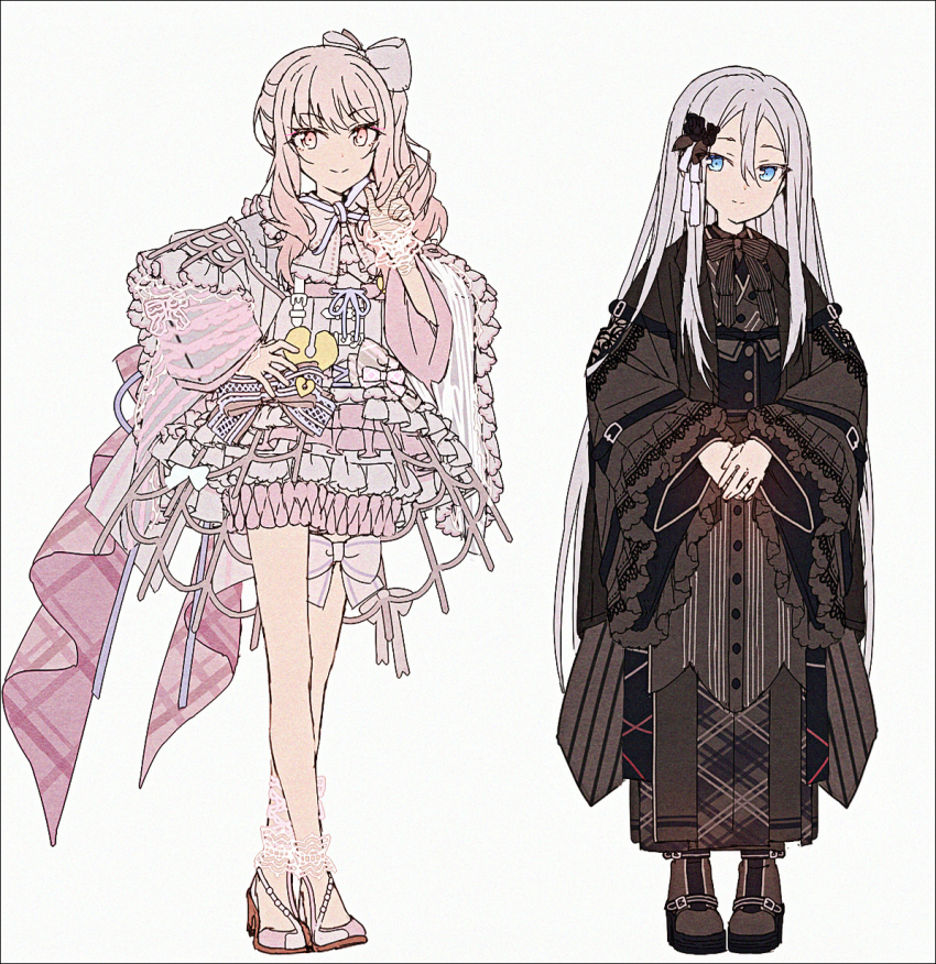 1girl, 1other, adapted_costume, akiyama_mizuki, black_dress, blue_eyes, bow, brown_shoes