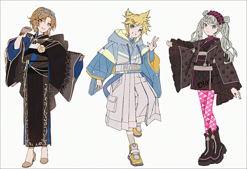 1boy, 2girls, adapted_costume, aozora_ni_negau_your_happiness!_(project_sekai), black_boots, black_kimono, blonde_hair, blue_eyes