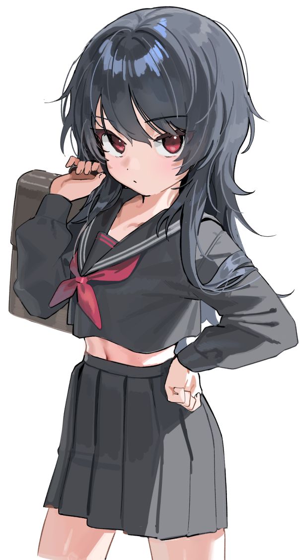 1girl, aged_down, bag, black_hair, black_sailor_collar, black_serafuku, black_shirt, black_skirt, brown_bag, cardigan, commentary_request, cropped_shirt, expressionless, grey_cardigan, hand_on_own_hip, holding, holding_bag, kanzarin, kisaragi_ren_(5th_costume)_(vspo!), kisaragi_ren_(vspo!), long_sleeves, looking_at_viewer, midriff, navel, neckerchief, official_alternate_costume, pleated_skirt, red_eyes, red_neckerchief, sailor_collar, school_uniform, serafuku, shirt, simple_background, skirt, solo, virtual_youtuber, vspo!