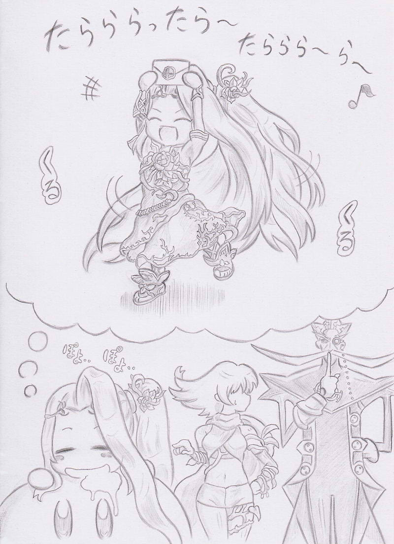 2girls, arlon_(kid_icarus), bansyo31, commentary_request, dreaming, drooling, facial_hair, finger_to_mouth, flower, graphite_(medium), hair_flower, hair_ornament, kid_icarus, kid_icarus_uprising, kirby_(series), long_hair, looking_at_another, midriff, multiple_girls, mustache, navel, nintendo, oomoto_makiko, open_mouth, phosphora, shushing, smash_invitation, smile, super_smash_bros., traditional_media, translation_request, very_long_hair, viridi, voice_actor_connection