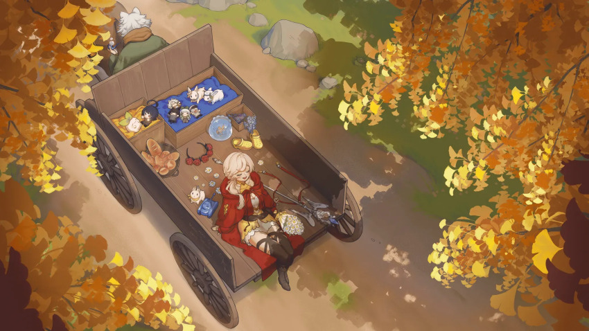 1boy, 1girl, animal_ears, basket, blonde_hair, bouquet, bread, breasts