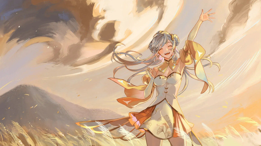 1girl, :d, ^_^, blush, breasts, bridal_gauntlets, closed_eyes, detached_collar, dress, earrings, floral_print, grey_hair, head_tilt, highres, hiyumi_nao, indie_virtual_youtuber, jewelry, mountain, open_mouth, outdoors, oyakorodesu, smile, solo, teeth, third-party_source, tongue, upper_teeth_only, virtual_youtuber, white_bridal_gauntlets, wind, yellow_collar