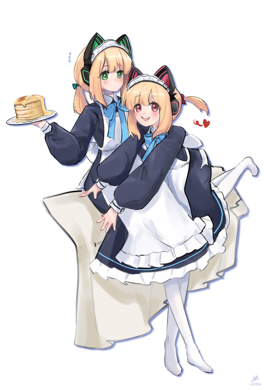 2girls, :d, absurdres, animal_ear_headphones, animal_ears, apron, black_dress, blue_archive