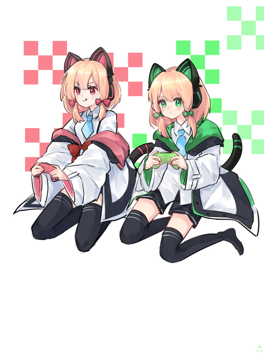 2girls, :q, absurdres, animal_ear_headphones, animal_ears, black_shorts, black_skirt, black_thighhighs