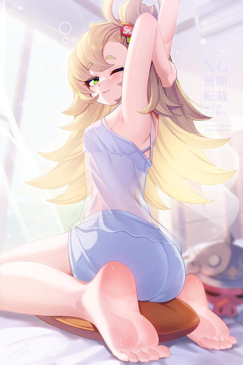 1girl, absurdres, armpits, arms_up, ass, bare_legs, barefoot, blonde_hair, blue_shorts, blurry, blurry_background, blush, curtains, feet, green_eyes, hair_ornament, highres, indoors, loli, looking_at_viewer, looking_back, one_eye_closed, piper_wheel, see-through_clothes, see-through_shirt, shirt, short_eyebrows, short_shorts, shorts, sitting, sleepwear, sleeveless, sleeveless_shirt, soles, solo, takemura_kou, thick_eyebrows, toes, wavy_mouth, zenless_zone_zero