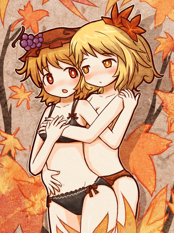 2girls, aki_minoriko, aki_shizuha, akihiyo, black_bra, black_panties, blonde_hair, blush