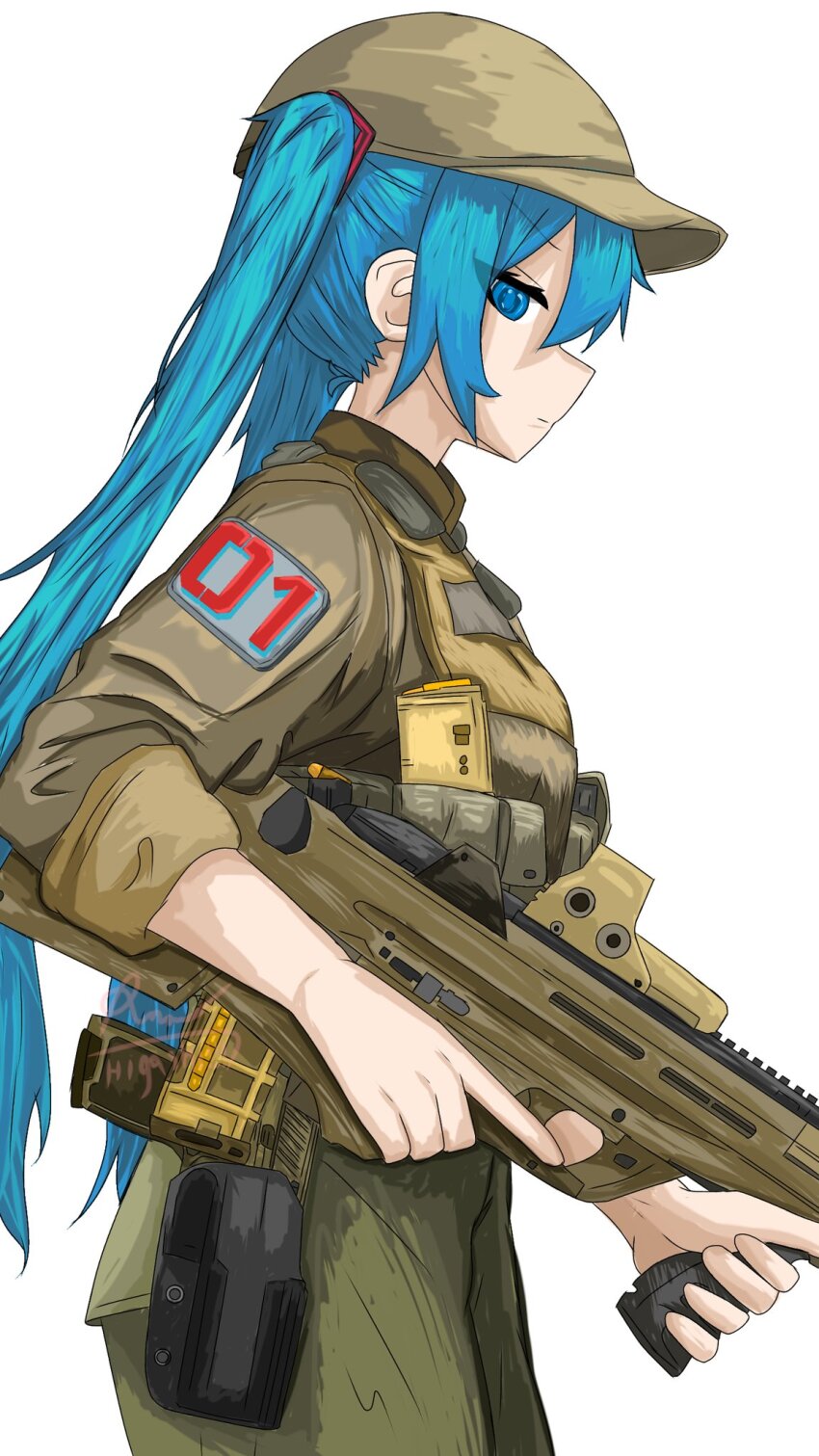 assault_rifle, badge, blue_eyes, blue_hair, bullpup, fn_f2000, gun, handgun, hat, hatsune_miku, highres, military_hat, rifle, sig_sauer_p320, tactical_clothes, vocaloid, weapon, wetspeaker