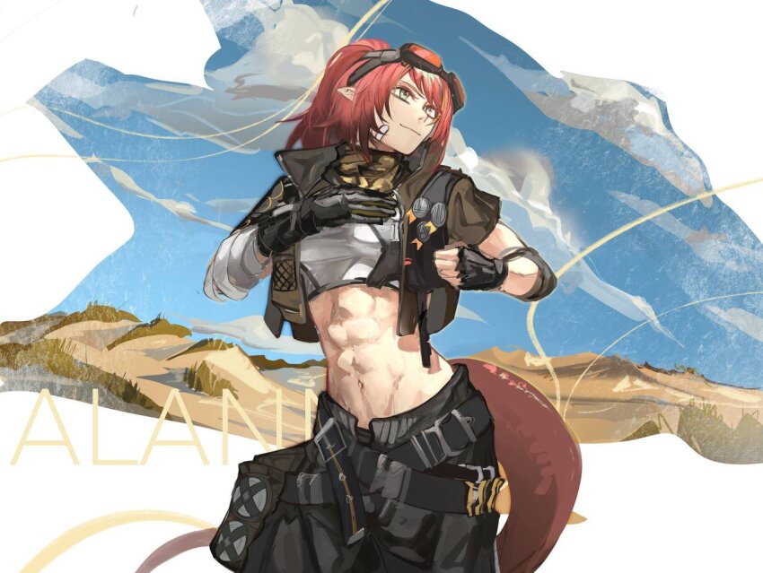 1girl, abs, alanna_(arknights), arknights, bandaged_arm, bandages, black_gloves, brown_tail, character_name, closed_mouth, cowboy_shot, crop_top, fingerless_gloves, gloves, goggles, goggles_on_head, green_eyes, light_smile, looking_to_the_side, medium_hair, navel, pointy_ears, red_hair, s11puha, single_fingerless_glove, solo, standing, tail