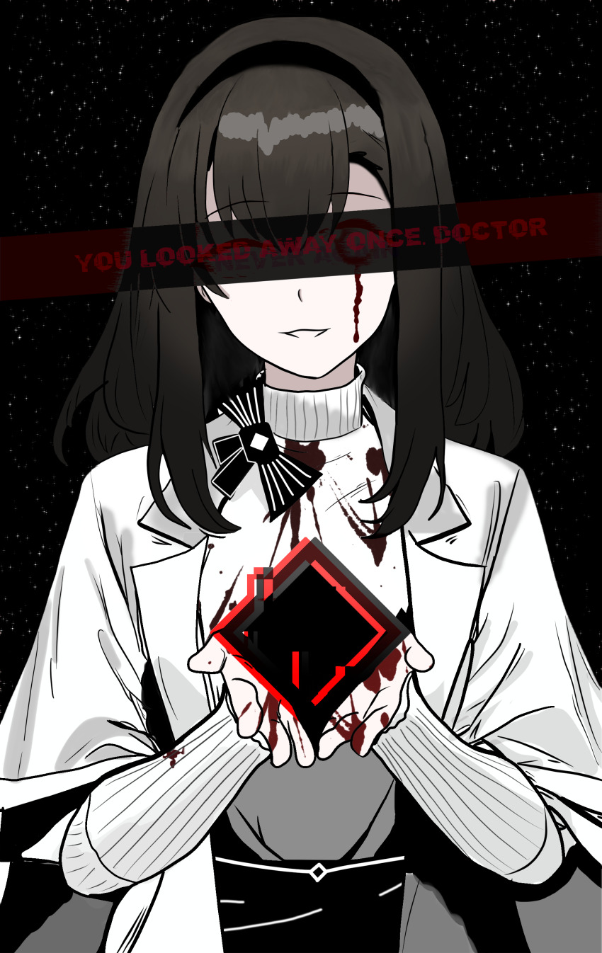 1girl, absurdres, arknights, black_hairband, blood, blood_on_face, blood_on_hands, bloody_tears, brown_hair, coat, commentary, commentary_typo, english_commentary, english_text, hairband, highres, holding, horror_(theme), lab_coat, lapels, long_sleeves, looking_at_viewer, lucia_(luciatehe), medium_hair, pale_skin, priestess_(arknights), prts_logo_(arknights), solo, star_(sky), sweater, turtleneck, turtleneck_sweater, upper_body, white_coat, white_sweater