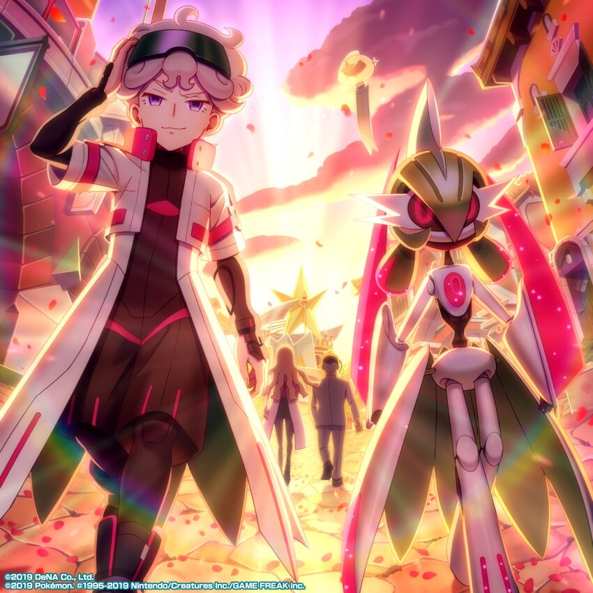 1girl, 2boys, ahoge, arm_blade, bede_(pokemon), bede_(sygna_suit)_(pokemon), blonde_hair, closed_mouth, coat, colored_sclera, colored_skin, commentary_request, curly_hair, eyelashes, eyewear_on_head, highres, holding, iron_valiant, jacket, long_hair, looking_at_viewer, male_focus, mohawk, multicolored_skin, multiple_boys, nintendo, official_art, oleana_(pokemon), pokemon, pokemon_(creature), pokemon_masters_ex, purple_eyes, red_eyes, robot, rose_(pokemon), sairen_ayame, shirt, short_hair, shorts, smile, sunglasses, two-tone_skin, weapon, white_coat