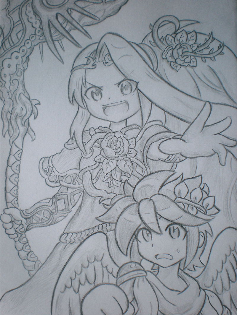 1boy, 1girl, angel, angel_wings, bansyo31, commentary_request, flower, graphite_(medium), hair_flower, hair_ornament, holding, holding_staff, kid_icarus, kid_icarus_uprising, laurel_crown, nintendo, open_mouth, outstretched_arm, pit_(kid_icarus), ponytail, staff, sweatdrop, traditional_media, v-shaped_eyebrows, viridi, wings