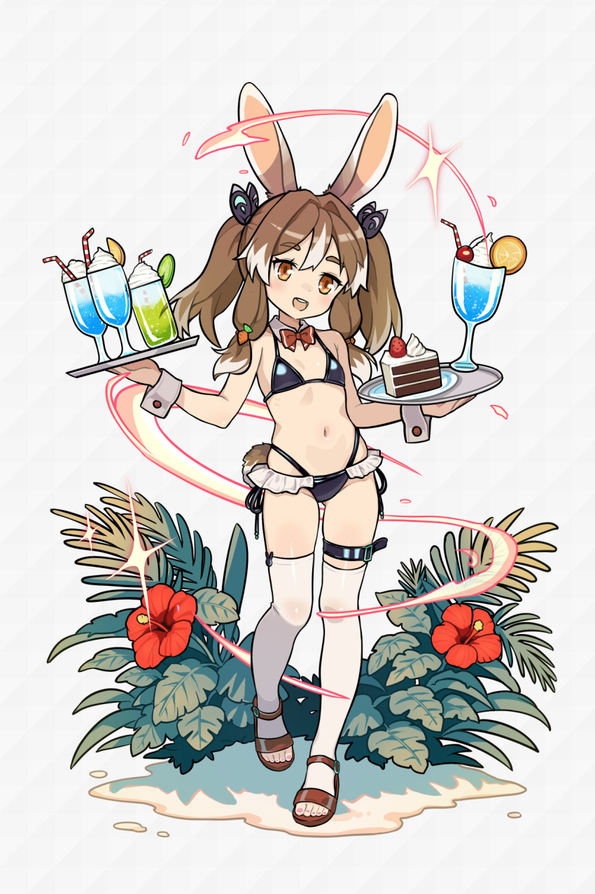 1girl, animal_ears, bikini, black_bikini, breasts, brown_eyes, carrot_hair_ornament, cherry