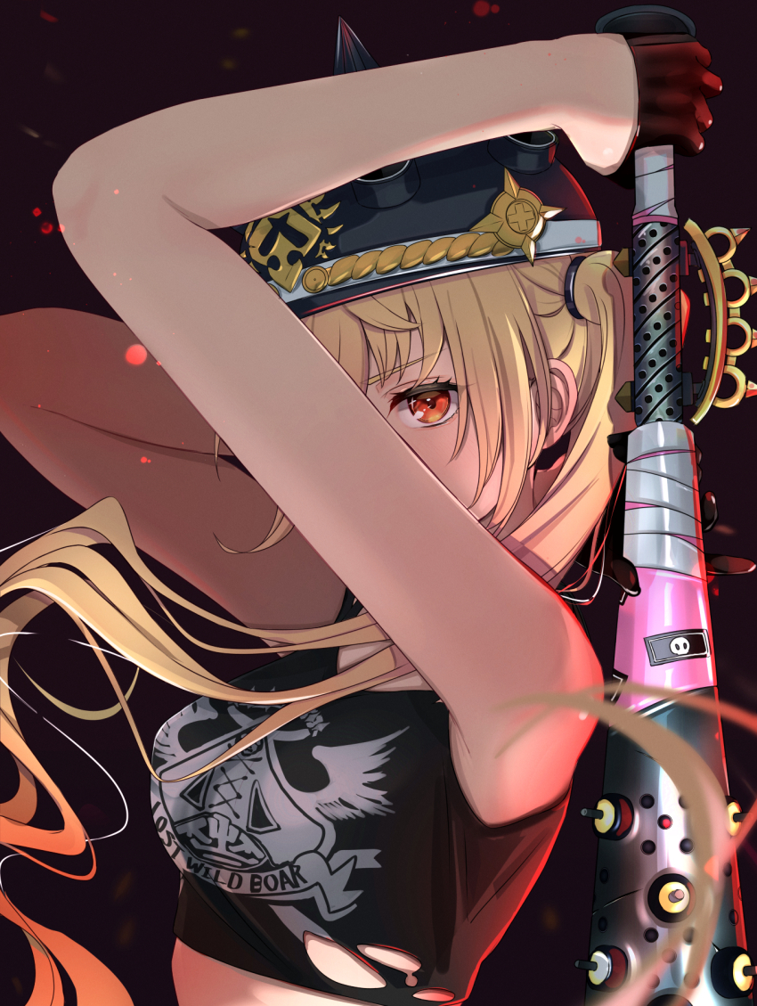 1girl, arms_up, bare_shoulders, baseball_bat, black_background, black_gloves, black_shirt, blonde_hair