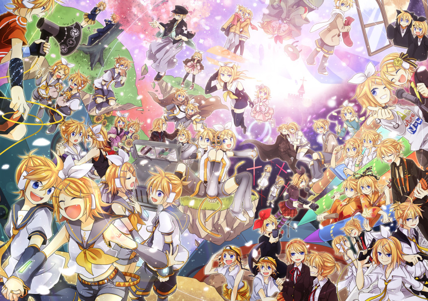 6+boys, 6+girls, blonde_hair, blue_eyes, brother_and_sister, evillious_nendaiki, fang, flower, hair_flower, hair_ornament, hair_ribbon, hairclip, himitsu_~kuro_no_chikai~_(vocaloid), kagamine_len, kagamine_len_(append), kagamine_rin, kagamine_rin_(append), microphone, multiple_boys, multiple_girls, music, ohime-sama_dakkoshite_ne_(vocaloid), one_eye_closed, open_mouth, paradichlorobenzene_(vocaloid), ribbon, roshin_yuukai_(vocaloid), sabaku_no_bluebird_(vocaloid), short_hair, siblings, sigre_(vocaloid), singing, smile, song_request, songover, suzumi_(fallxalice), twins, vocaloid, vocaloid_append, wink