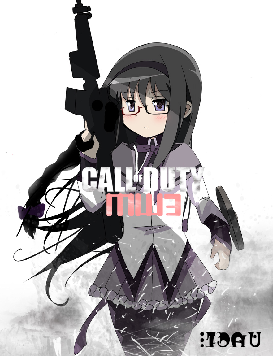 1girl, akemi_homura, akemi_homura_(magical_girl), assault_rifle, bad_id, bad_pixiv_id, black_hair, call_of_duty