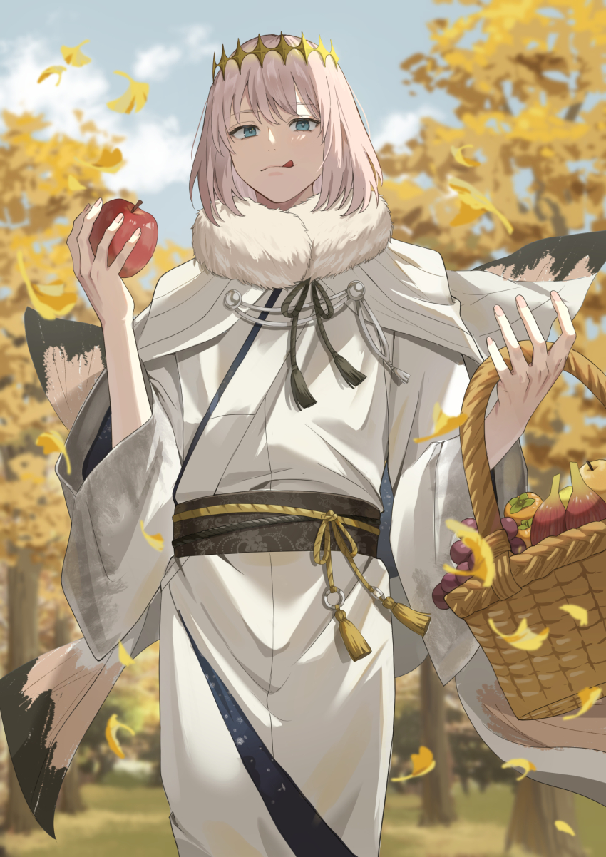 1boy, :q, apple, autumn, autumn_leaves, basket, black_sash, blue_eyes