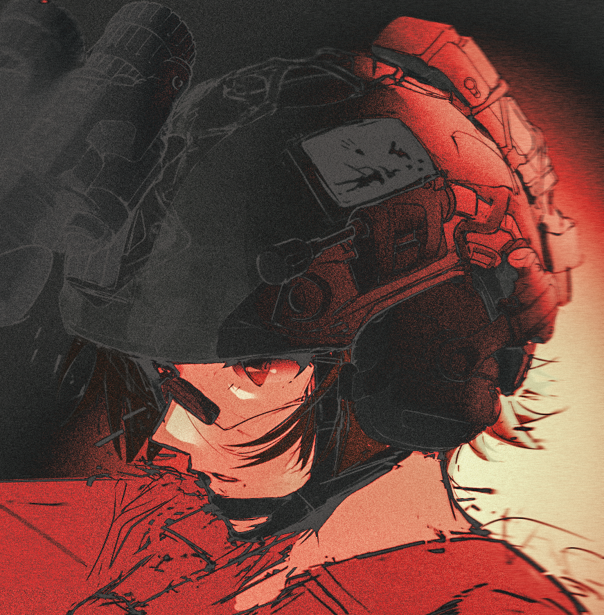 1girl, black_helmet, combat_helmet, commentary_request, ear_protection, fakuxnxmy, helmet, looking_ahead