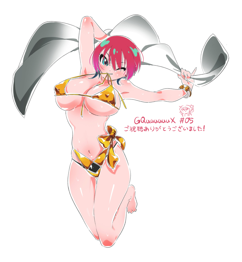 1girl, amate_yuzuriha, aqua_eyes, bare_shoulders, barefoot, bikini, blush, bracelet, breasts, covered_erect_nipples, episode_number, gold_bikini, gundam, gundam_gquuuuuux, highres, holding, jewelry, large_breasts, mouth_hold, one_eye_closed, parted_lips, red_hair, shiny_skin, short_hair, solo, sweat, swimsuit, underboob, white_background, zenbi_(yakumo_0624)