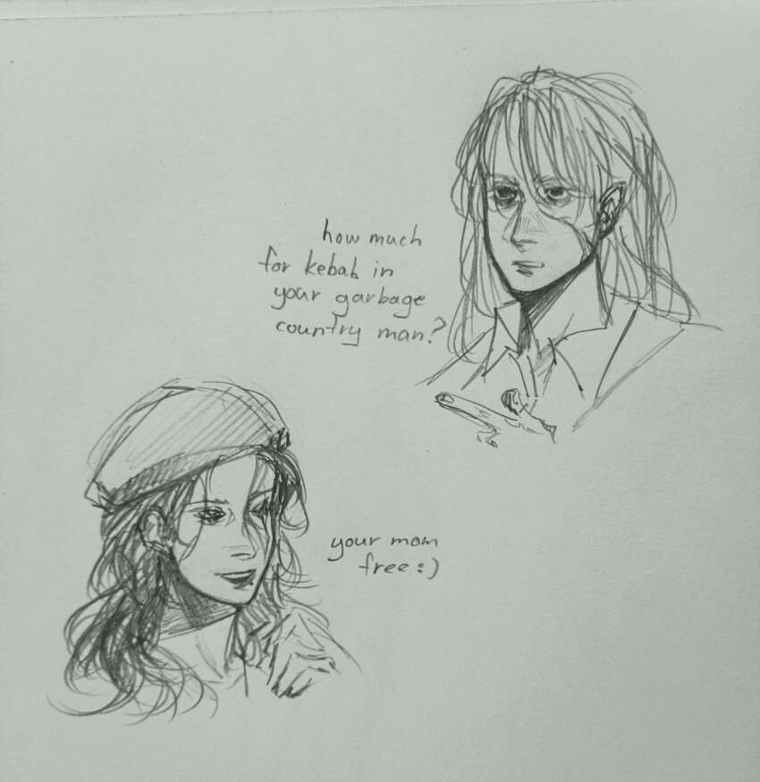 2girls, absurdres, anica_domazet, collared_shirt, commission, commissioner_upload, croatia, curly_hair, english_text, fingernails, hair_between_eyes, hat, highres, lipstick, long_hair, makeup, military_fatigues, military_hat, military_uniform, mole, mole_under_mouth, multiple_girls, non-web_source, original, pointing, portrait, scar, scar_across_eye, scar_on_face, shirt, sketch, talking, veli, zarya_petrovic