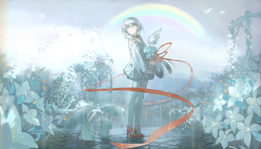 1girl, absurdres, bird, blue_eyes, blue_flower, blue_rose, character_request, choker