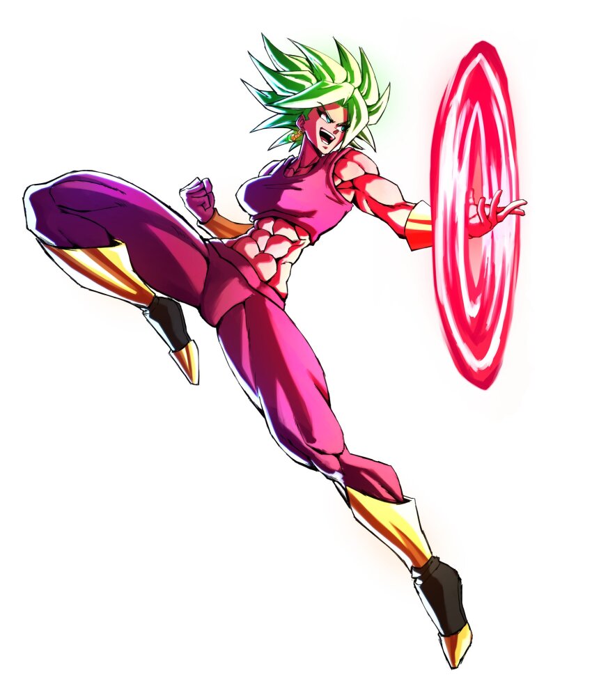 1girl, abs, blue_eyes, boots, bracelet, breasts, dragon_ball, dragon_ball_super, earrings, energy, floating_hair, full_body, green_hair, highres, jewelry, kefla_(dragon_ball), ki_blast, kuurantto, large_breasts, muscular, muscular_arms, muscular_female, navel, one_leg_raised, open_mouth, pants, potara_earrings, smile, spiked_hair, tiptoes, white_background