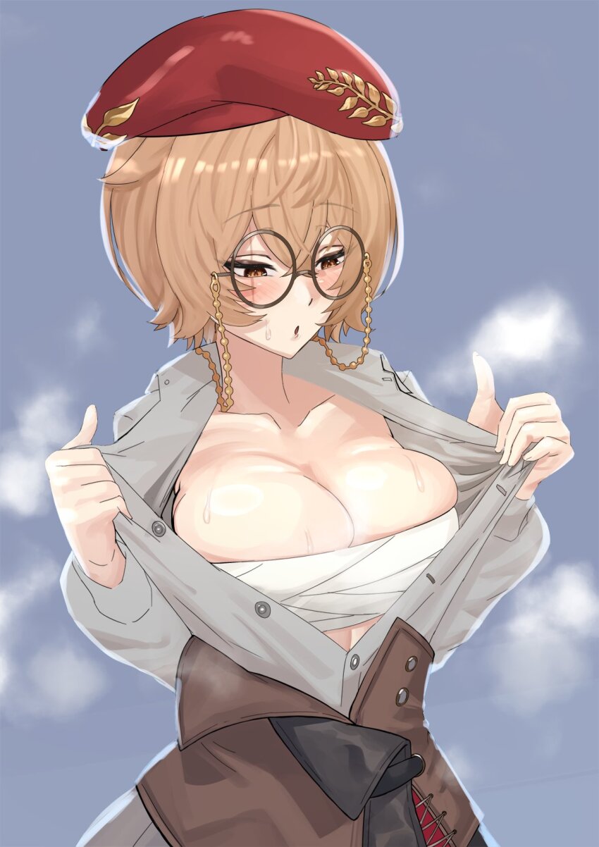 1girl, alternate_breast_size, breasts, brown_eyes, brown_hair, chest_sarashi, clio_aite, clio_aite_(clio_2.0), collarbone, glasses, grey_shirt, hat, heiz_illust, highres, large_breasts, partially_unbuttoned, phase_connect, red_hat, round_eyewear, sarashi, scar, scar_across_eye, scar_on_face, shirt, short_hair, solo, steaming_body, sweat, virtual_youtuber