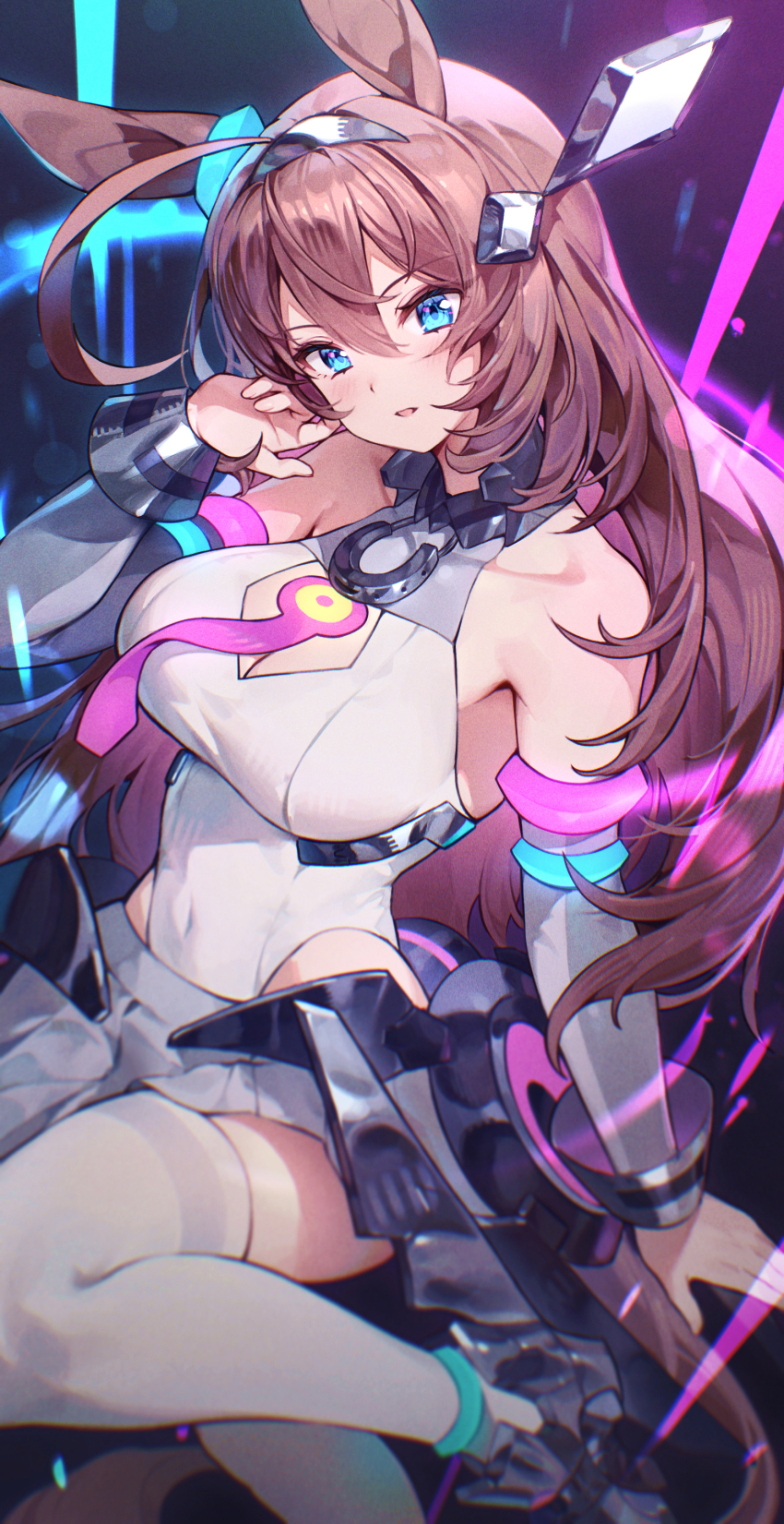 1girl, absurdres, ahoge, animal_ears, blue_eyes, boots, breasts, brown_hair