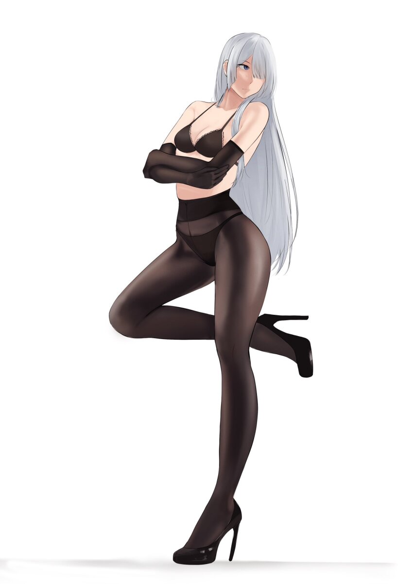 1girl, :|, ak-15_(girls'_frontline), alternate_costume, bare_shoulders, black_bra, black_gloves, black_panties