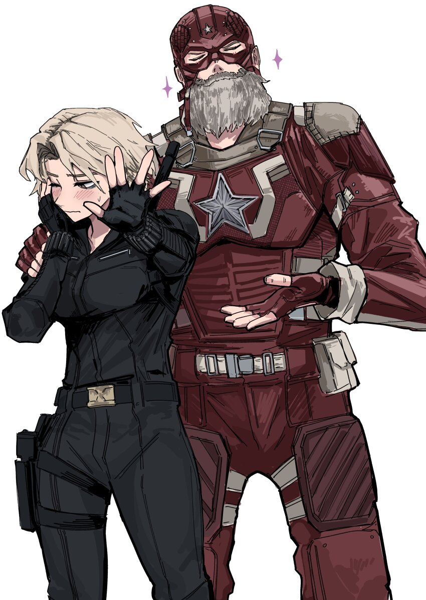 1boy, 1girl, absurdres, beard, black_gloves, blonde_hair, blush, closed_eyes