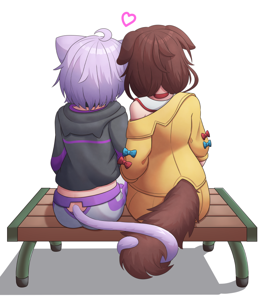 2girls, animal_ears, bench, brown_hair, brown_tail, cat_girl, cat_tail, chiriwi