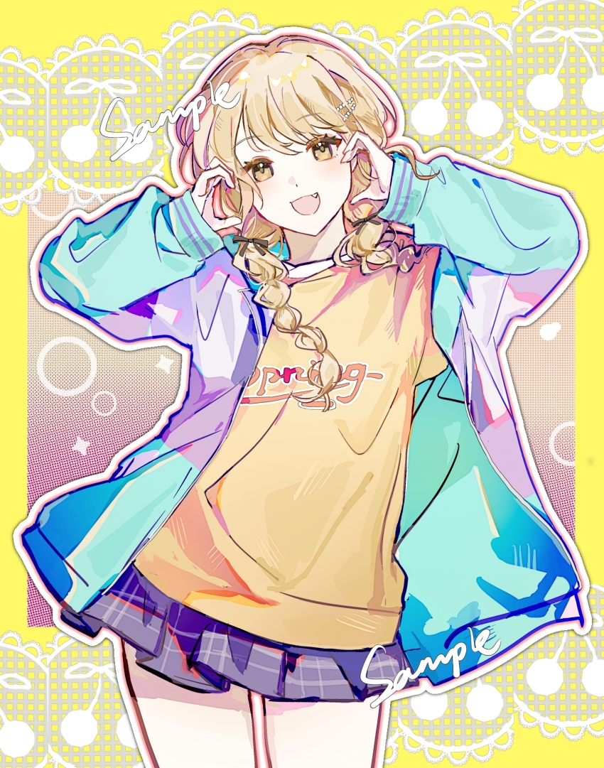 1girl, absurdres, aqua_jacket, black_skirt, blonde_hair, braid, broken_heart_hands, chinese_commentary