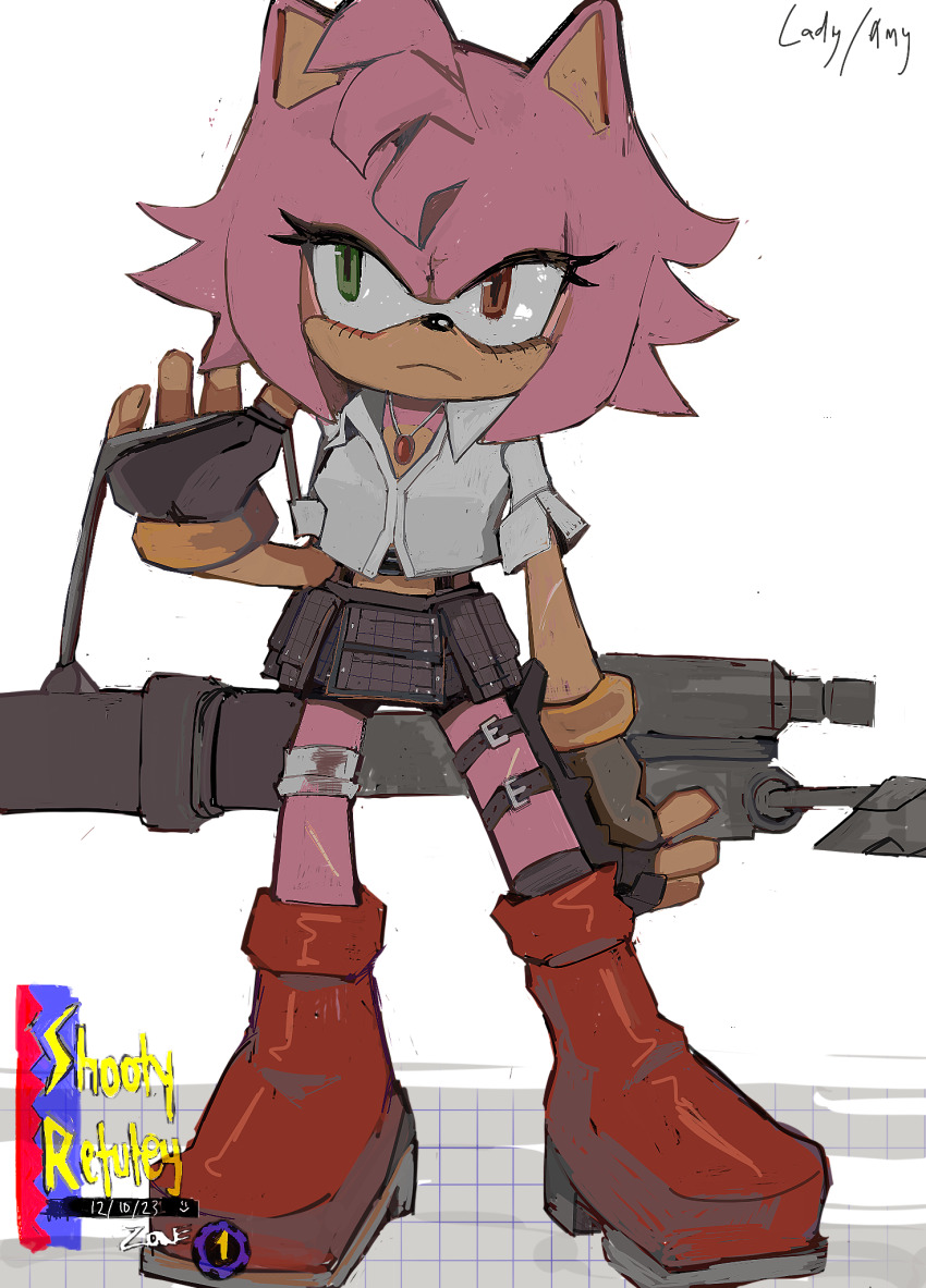 1girl, amy_rose, bandaged_leg, bandages, bonelessbastion, boots, character_name, cosplay, dated, devil_may_cry, devil_may_cry_(series), devil_may_cry_3, furry, furry_female, gloves, green_eyes, heterochromia, highres, lady_(devil_may_cry), lady_(devil_may_cry)_(cosplay), midriff, pink_boots, pink_fur, red_eyes, rocket_launcher, shirt, signature, skirt, sonic_(series), thigh_strap, weapon, white_shirt