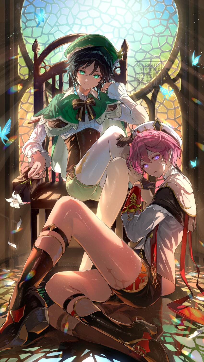 2boys, absurdres, ahoge, androgynous, argyle_clothes, argyle_pantyhose, bard, beret