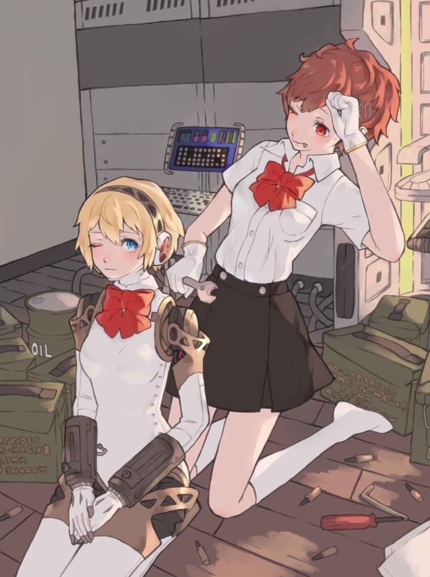 aigis_(persona), android, black_skirt, blonde_hair, blue_eyes, blush, bow, bowtie