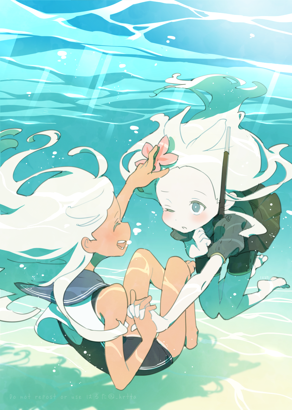 2girls, barefoot, blue_eyes, blue_sailor_collar, blush, bodysuit, closed_eyes, diving_suit, dual_persona, flower, grey_hair, hair_flower, hair_ornament, haruta_(hrtco), highres, holding_hands, kantai_collection, long_hair, multiple_girls, one-piece_swimsuit, one_eye_closed, open_mouth, pale_skin, pink_flower, ro-500_(kancolle), sailor_collar, shadow, short_sleeves, swimsuit, tan, tanline, u-511_(kancolle), underwater, water, wetsuit