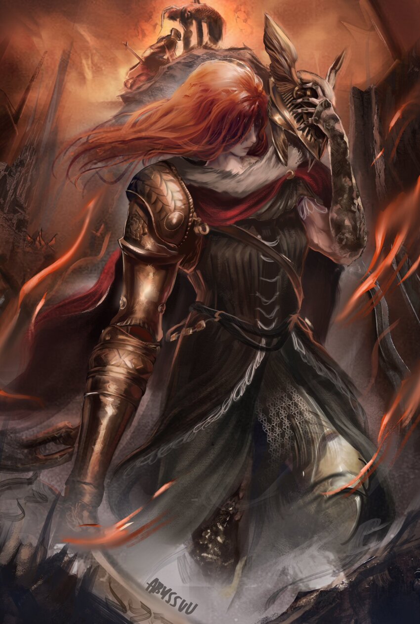 1girl, abyssmalenia, brown_dress, cape, covered_eyes, dress, elden_ring, fur-trimmed_cape