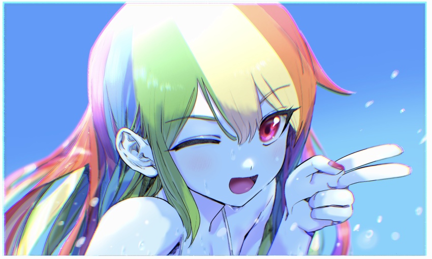 1girl, ;d, backlighting, bare_shoulders, blonde_hair, blue_hair, blue_skin, blue_sky, breasts, ceitama_oppai, chromatic_aberration, cleavage, colored_skin, commentary_request, day, double-parted_bangs, from_above, green_hair, hair_between_eyes, hatching_(texture), highres, long_hair, looking_at_viewer, multicolored_hair, my_little_pony, my_little_pony:_equestria_girls, my_little_pony:_friendship_is_magic, nail_polish, one_eye_closed, open_mouth, orange_hair, outdoors, portrait, purple_hair, rainbow_dash, rainbow_dash_(equestria_girls), rainbow_hair, red_eyes, red_hair, red_nails, sidelocks, sky, smile, solo, streaked_hair, tongue, v, water