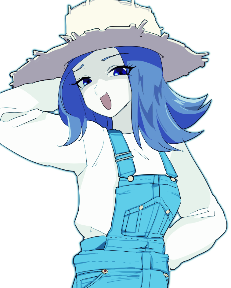 1girl, :d, alternate_costume, alternate_hair_length, alternate_hairstyle, aqua_outline, arm_behind_head, blue_eyes