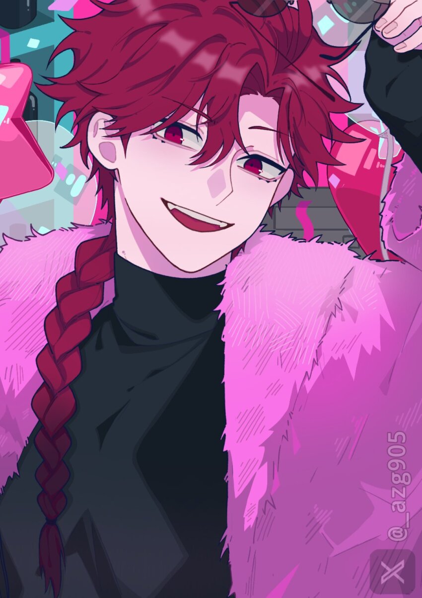 1boy, azg905, balloon, black_shirt, braid, braided_ponytail, fangs, fur_jacket