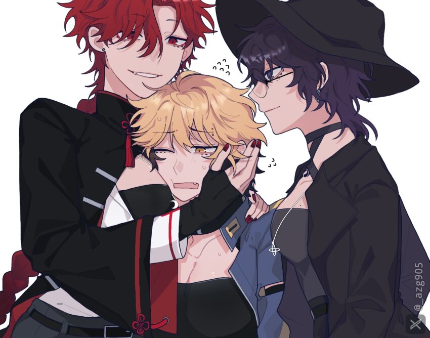 3girls, azg905, black_choker, black_hair, black_hat, black_jacket, black_pants, black_shirt, black_shrug, blonde_hair, blue_jacket, blush, braid, braided_ponytail, breasts, chinese_clothes, choker, cleavage, cleavage_cutout, closed_mouth, clothing_cutout, earrings, eyebrow_piercing, face_piercing, face_to_breasts, fang, flying_sweatdrops, genderswap, genderswap_(mtf), girl_sandwich, glasses, hand_on_another's_face, hat, hug, jacket, jewelry, large_breasts, liu_xiao, long_hair, looking_at_another, medium_hair, multicolored_hair, multiple_girls, nail_polish, necklace, one_eye_closed, open_mouth, pants, piercing, profile, purple_eyes, purple_hair, red_eyes, red_hair, red_nails, sandwiched, shiguang_dailiren, shirt, shrug_(clothing), simple_background, single_braid, sleeves_past_wrists, smile, sweat, twitter_username, watermark, white_background, white_shirt, xia_fei, xiao_weiying, yellow_eyes, yuri