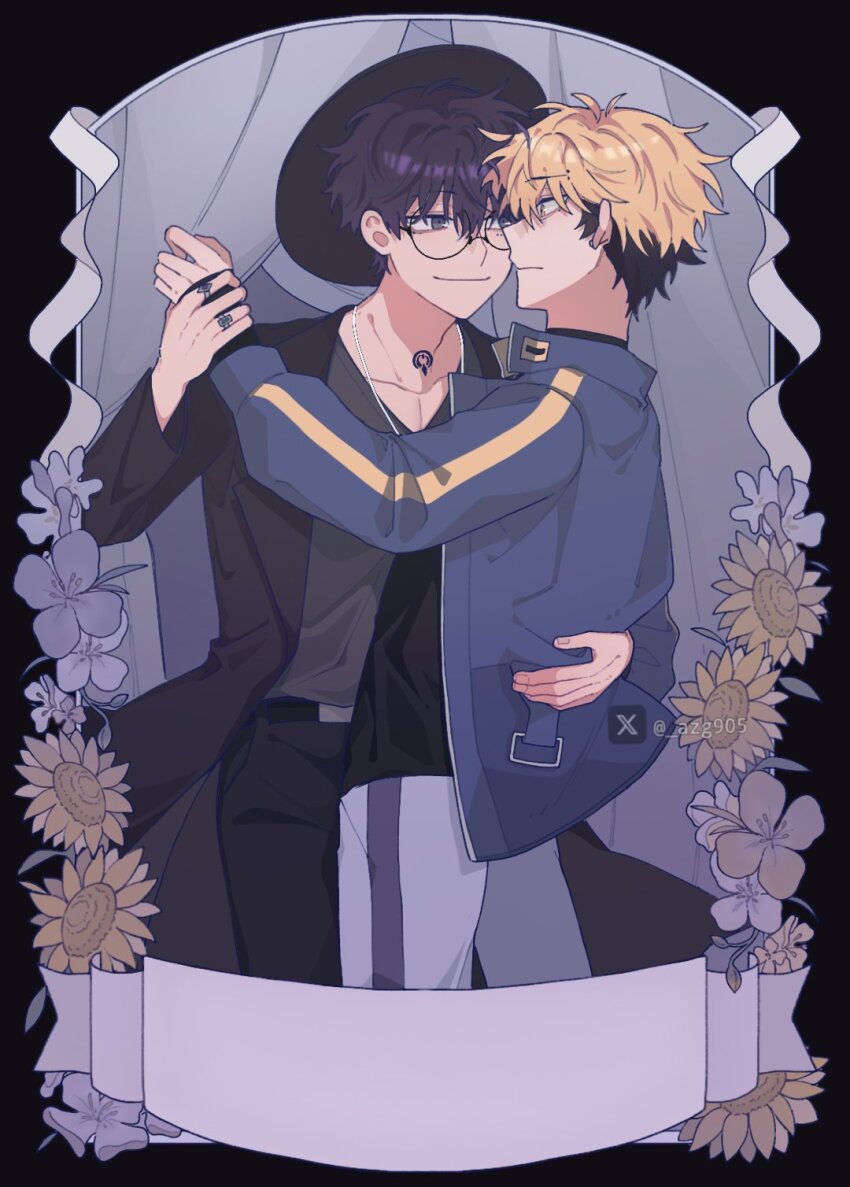 2boys, azg905, belt, black_belt, black_hair, black_hat, black_jacket, black_pants