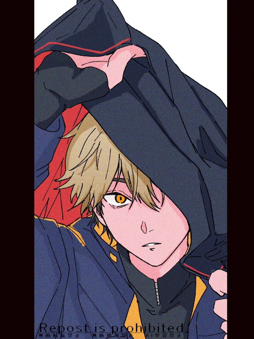 1boy, black_hair, black_shirt, blonde_hair, blue_jacket, english_text, ese000_0, hair_between_eyes