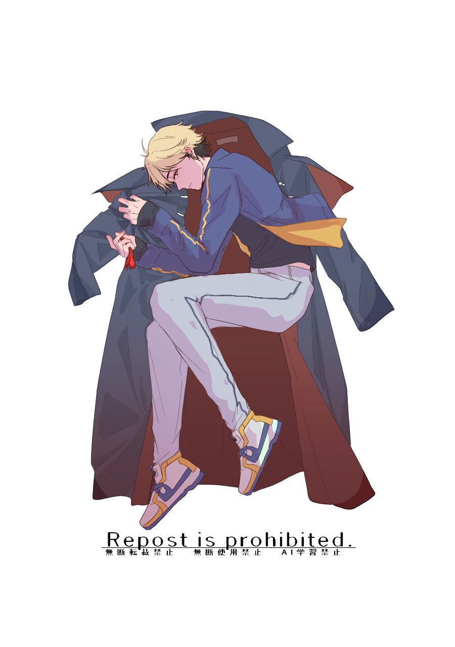 1boy, black_hair, black_jacket, black_shirt, blonde_hair, blue_jacket, closed_mouth, clothes_grab